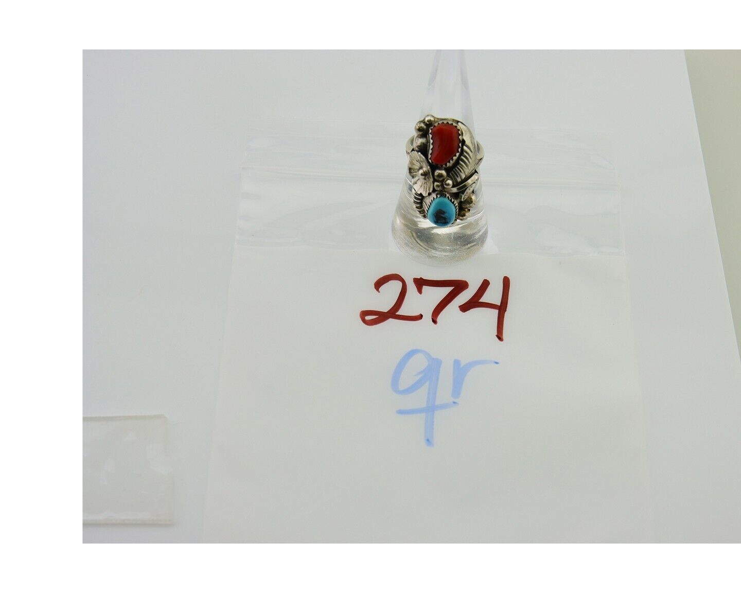 Navajo Handmade Ring 925 Silver Coral & Turquoise Signed Circle Max C.80's