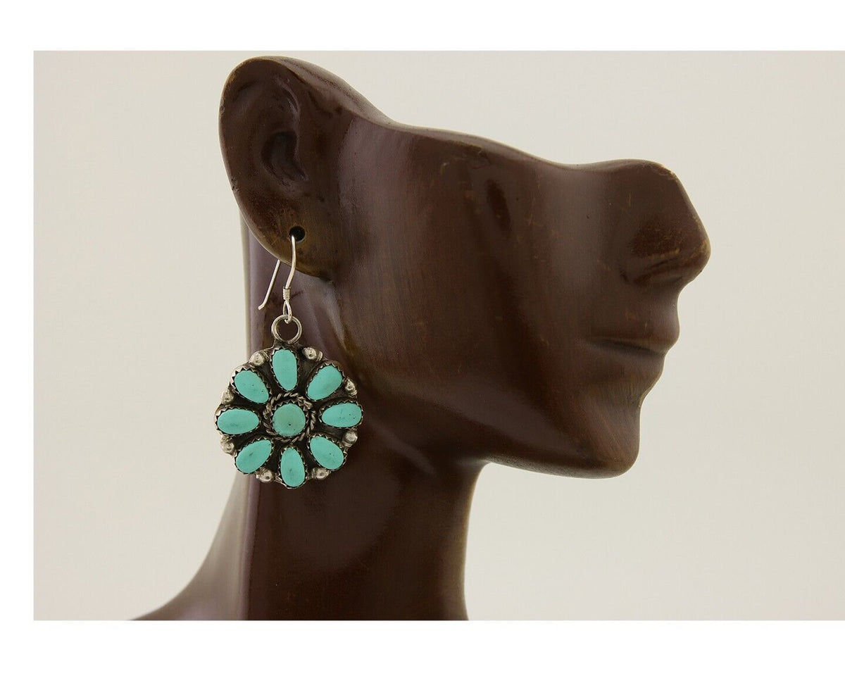 Zuni Concho Earrings 925 Silver Inlaid Natural Turquoise Artist Signed DR C.80's