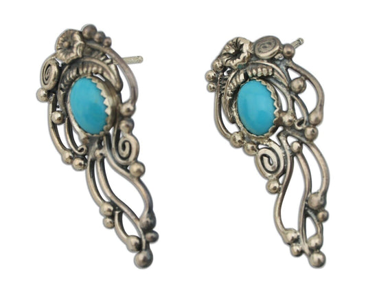 Navajo Earrings 925 Silver Natural Blue Turquoise Native American Artist C.80s