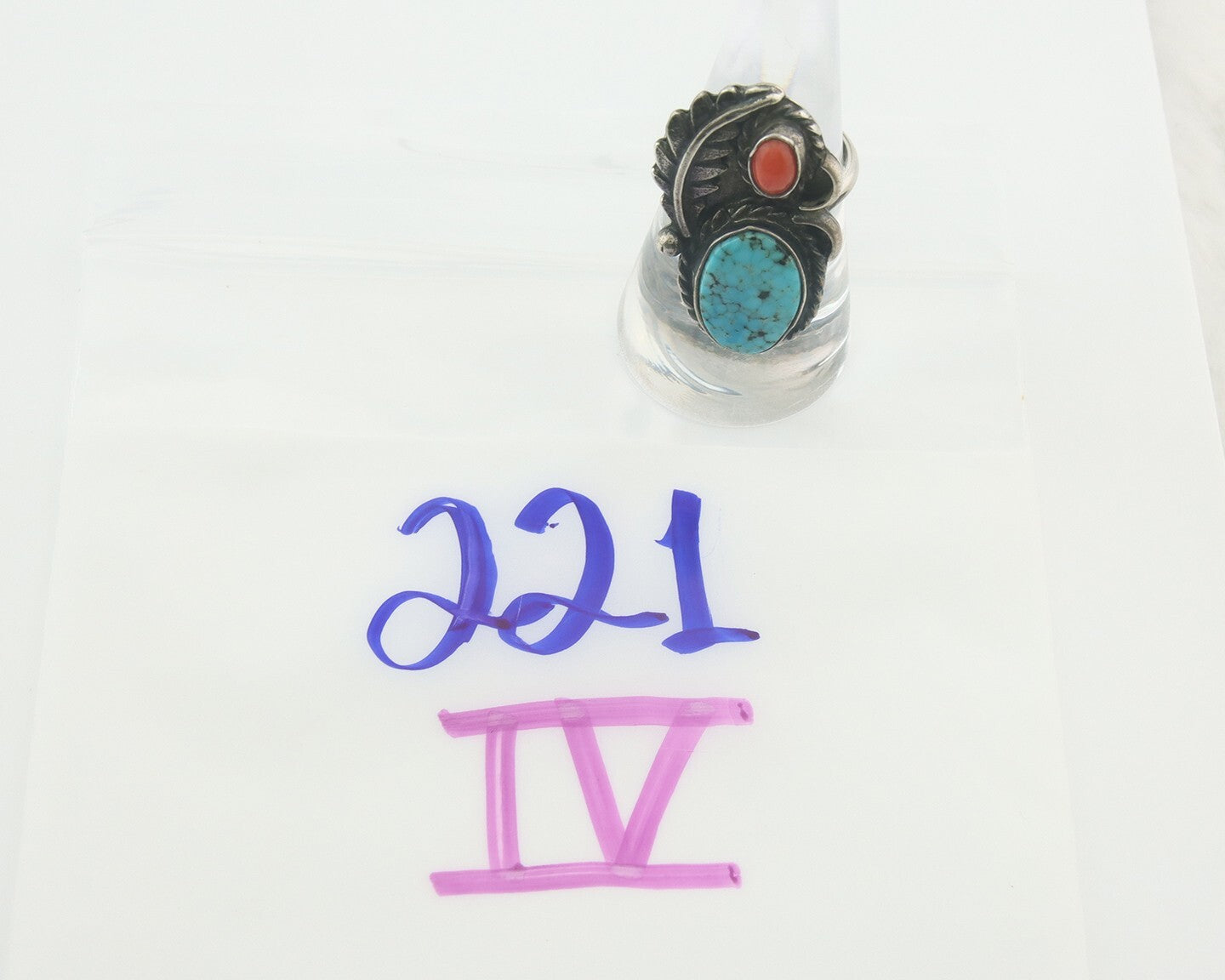 Navajo Ring 925 Sterling Turquoise & Coral Native Artist C.80's Size 7.5