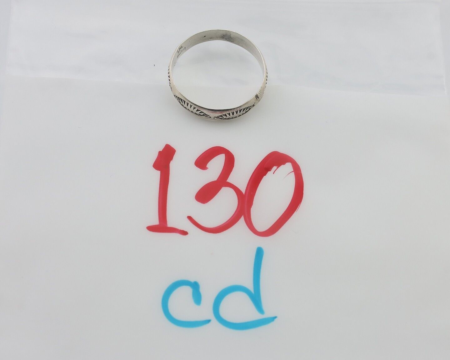 Navajo Hand Stamped Band 925 Silver 5.0 mm Signed Larry Chavez Size 11 C.80's