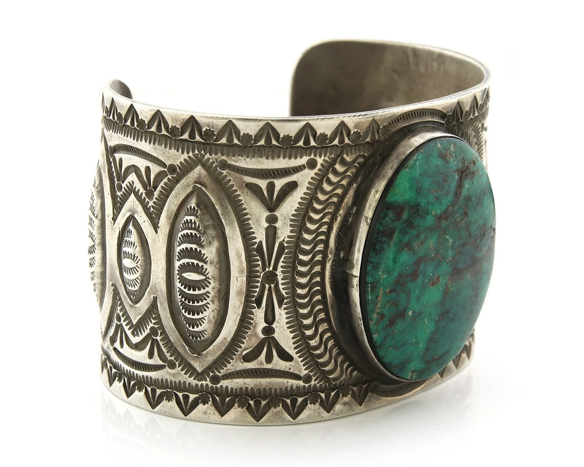 Large Navajo Cuff Bracelet Sterling Silver Turquoise Signed HS Vintage Handmade