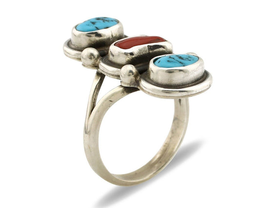 Navajo Ring 925 Silver Sleeping B Turquoise & Coral Native American Artist C.80s