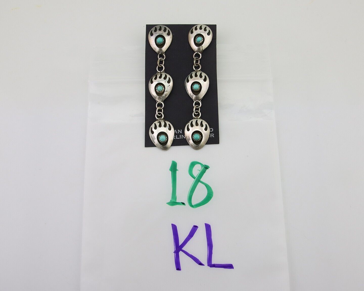 Navajo Paw Earrings 925 Silver Kingman Turquoise Native American Artist C.80's