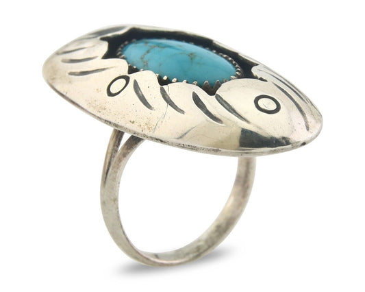 Navajo Ring 925 Sterling Turquoise Handmade Native Artist C.80's Size 6.75