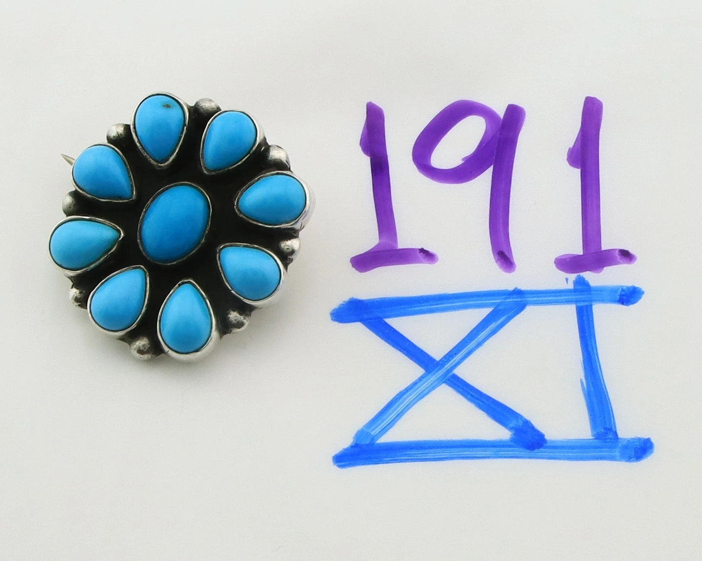 Navajo Handmade Pin Sterling Silver Turquoise Vintage Artist Signed M