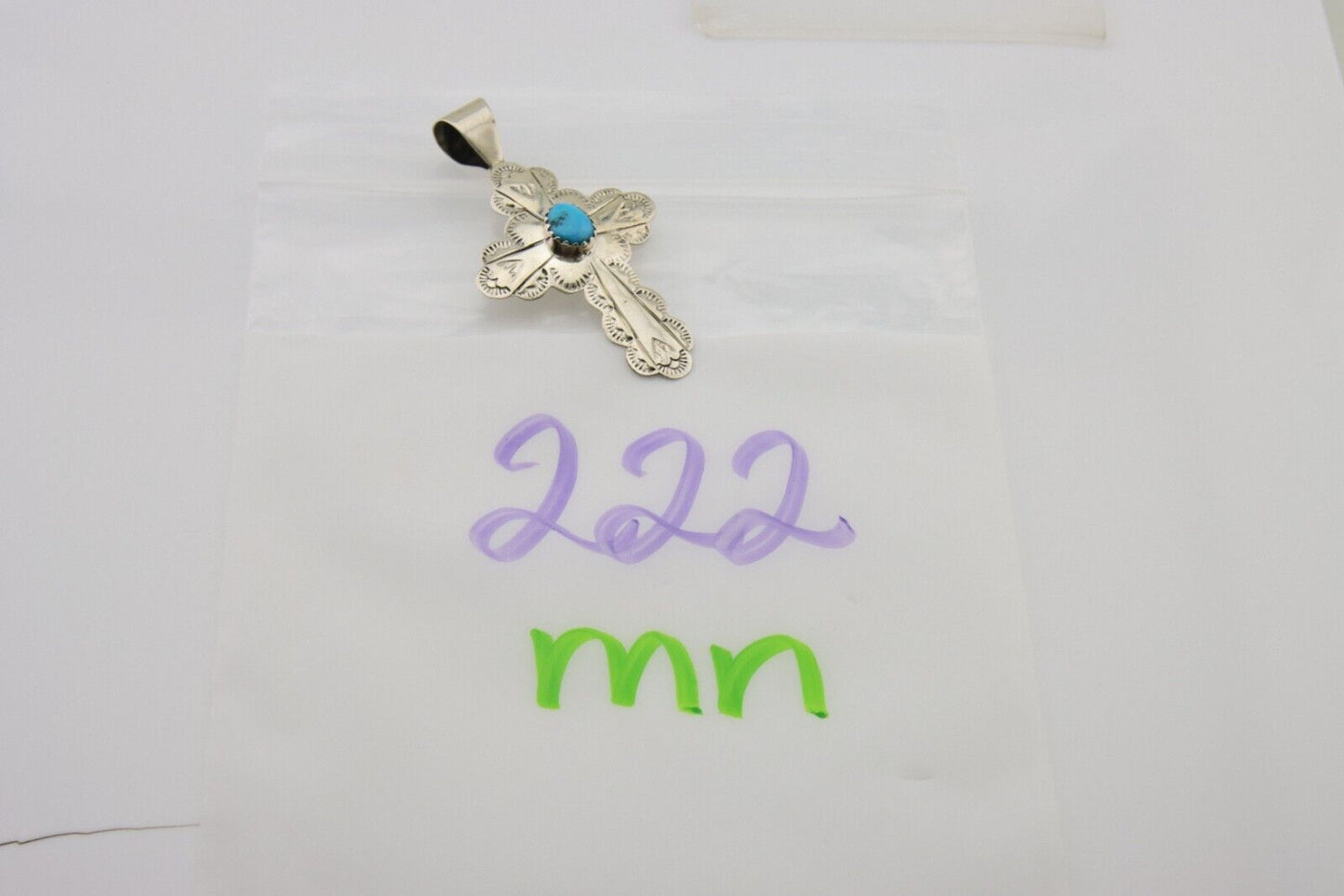 Navajo Cross Hand Stamped Pendant 925 Silver Turquoise Artist Gilbert Lee C.80s