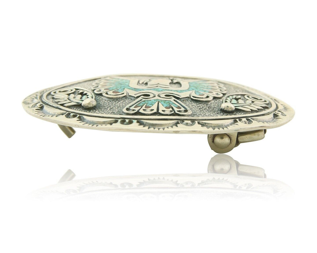 Vintage Navajo Belt Buckle 925 Sterling Silver Inlaid Gemstone Stanely Bain