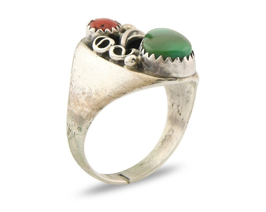 Navajo Ring 925 Sterling Turquoise & Coral Native Artist C.80's Size 7.75