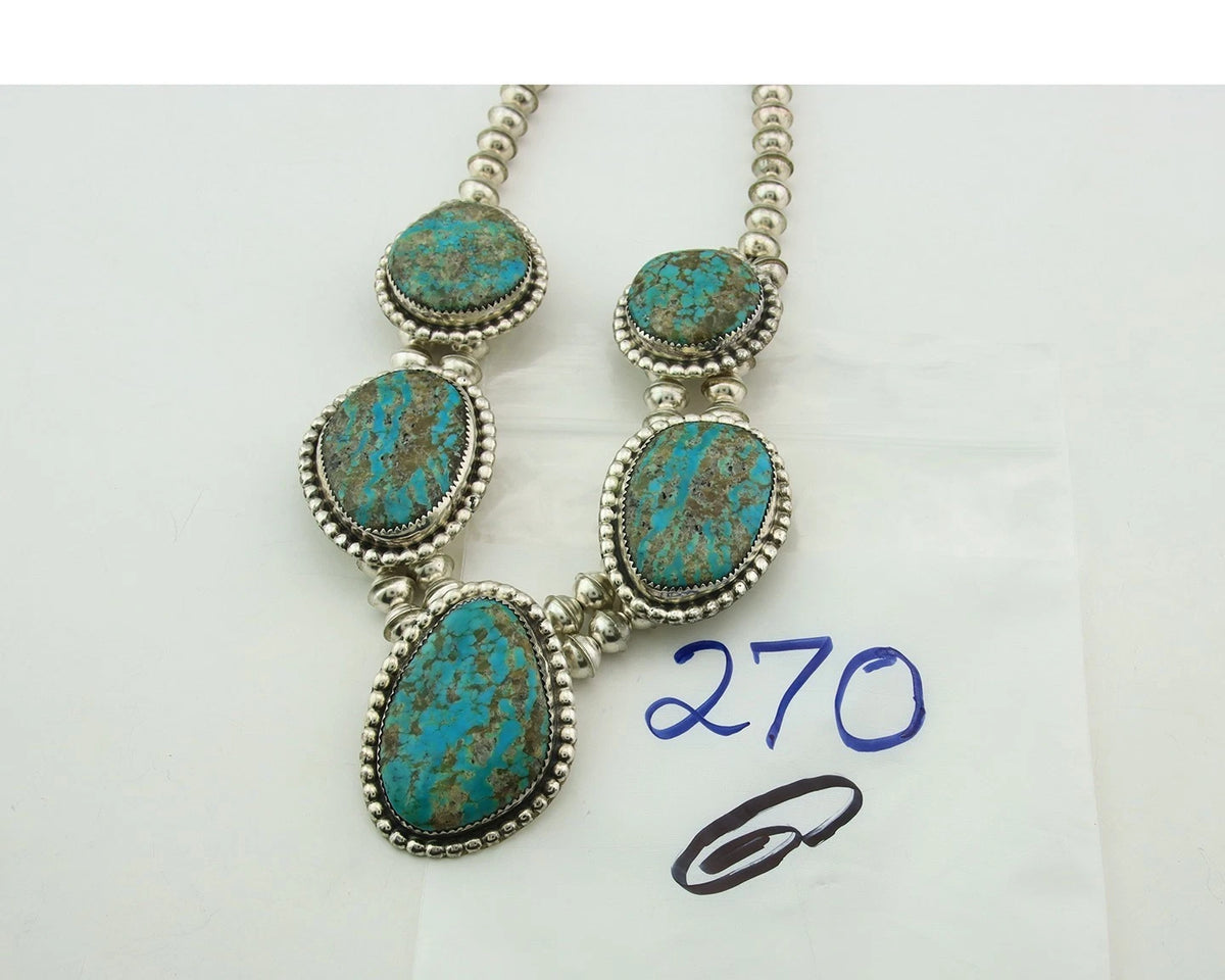 Navajo Squash Necklace Sterling Silver Nalural Kingman Turquoise Signed JR