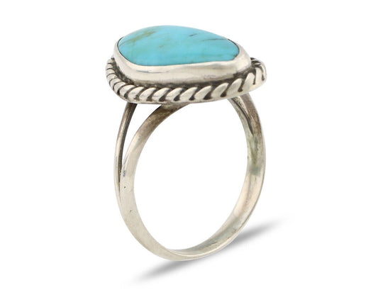 Navajo Ring 925 Silver Natural Turquoise Artist Signed Rabbit Stick C.80's