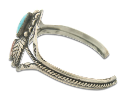 Vintage Navajo Bracelet 925 Silver Red Coral Turquoise Signed SC