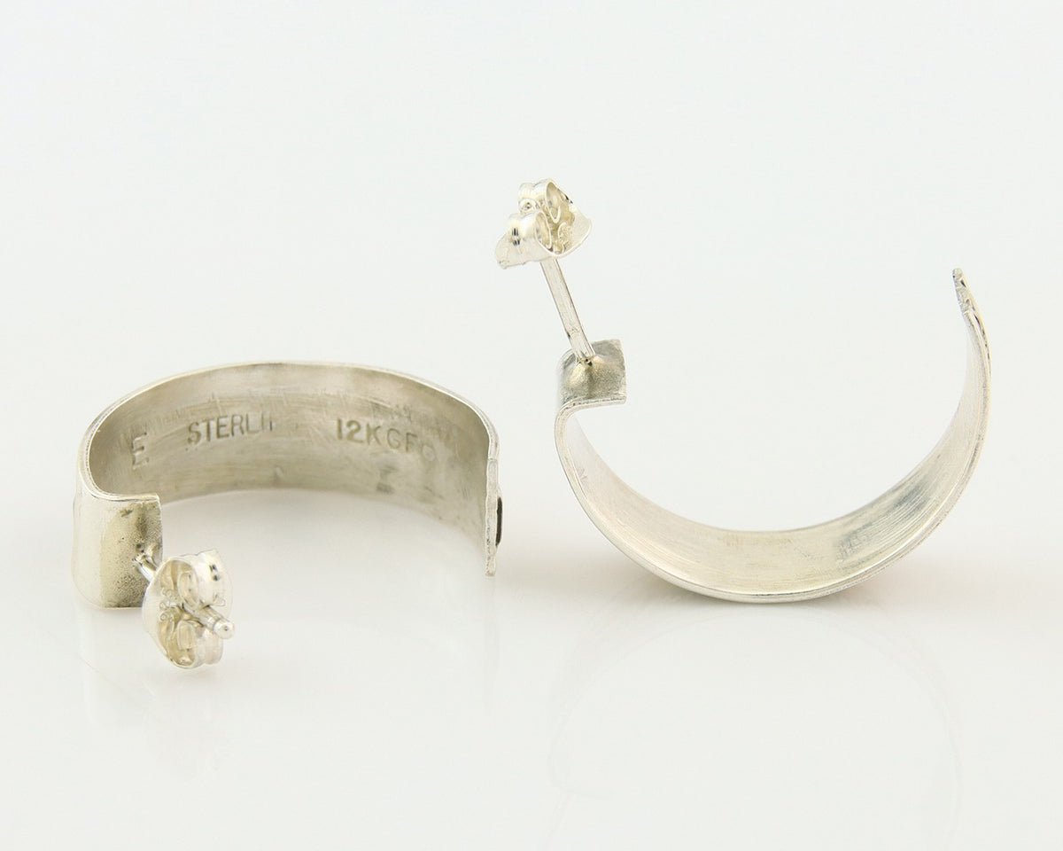 Navajo Hoop Earrings Sterling Silver & Gold Vintage Handmade Signed E