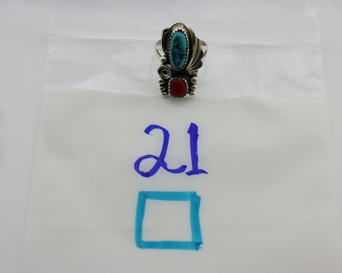 Navajo Ring .925 Silver Turquoise & Coral Artist Signed Justin Morris C.80's
