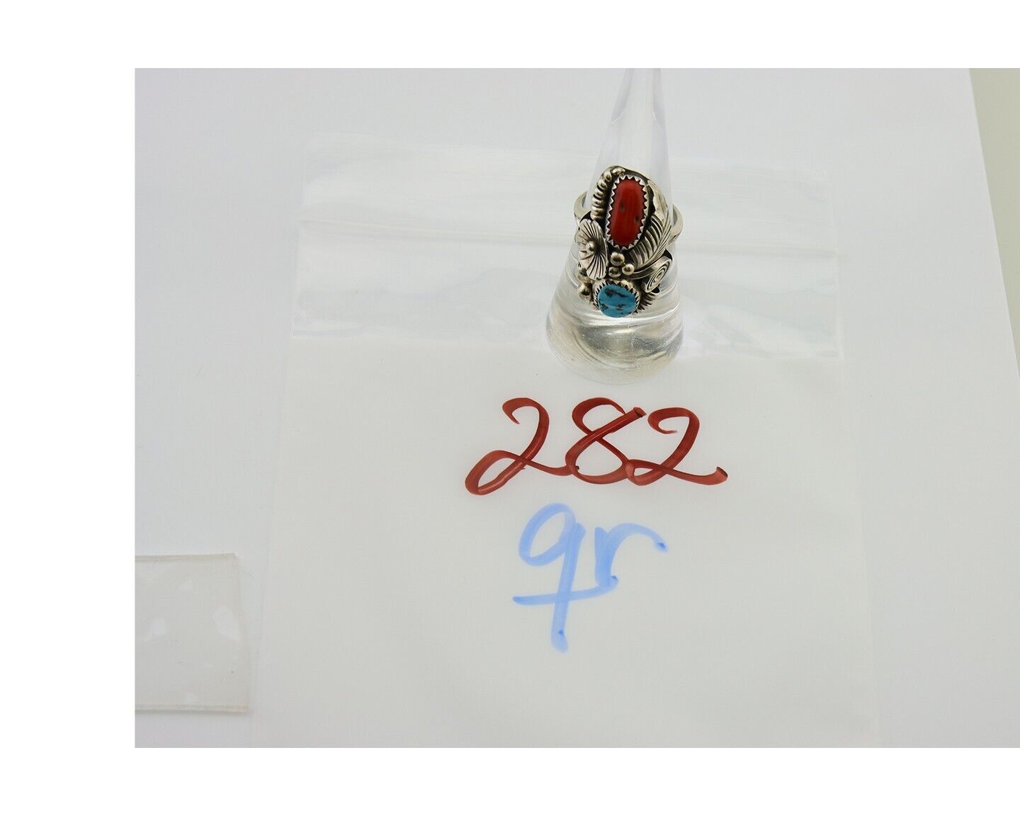 Navajo Handmade Ring 925 Silver Coral & Turquoise Signed Circle Max C.80's