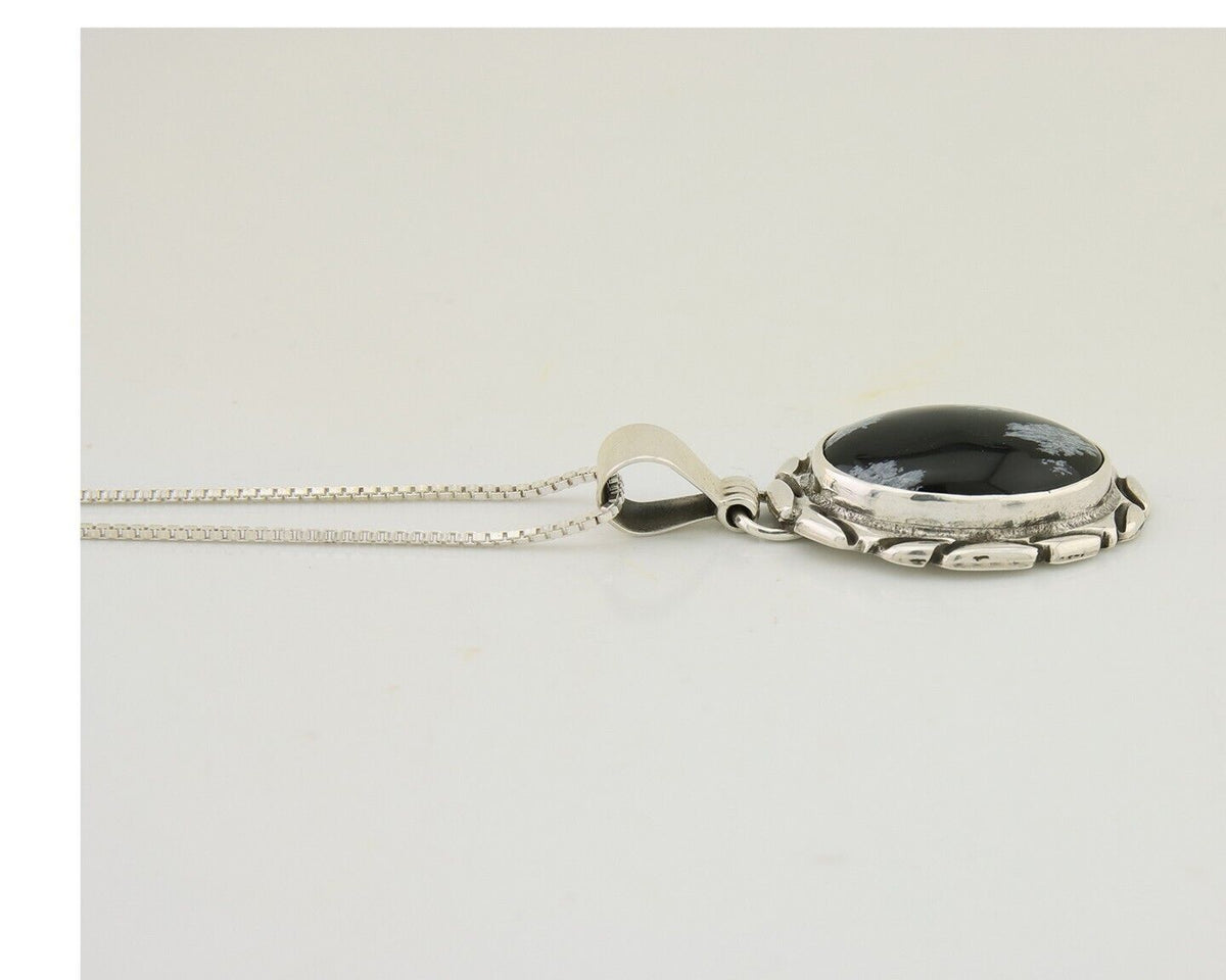 Navajo Necklace 925 Silver Onyx Natural Snowflake Agate Signed Native American
