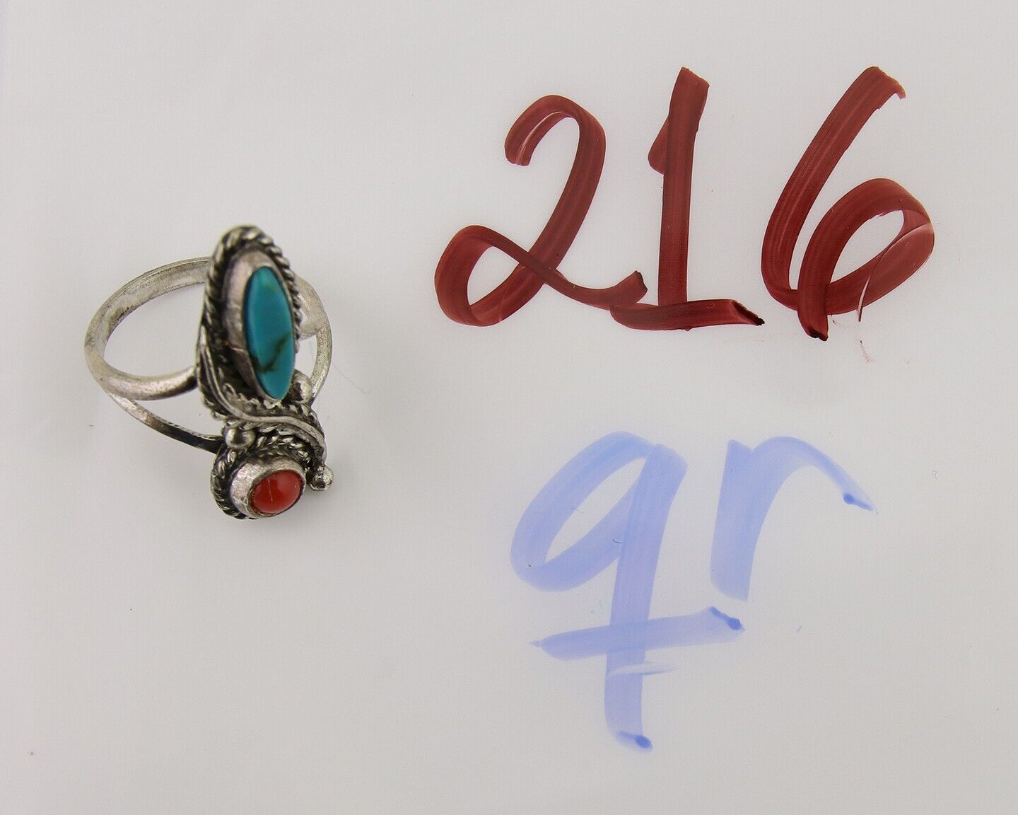 Navajo Handmade Ring 925 Silver Coral & Turquoise Native Artist C.80's