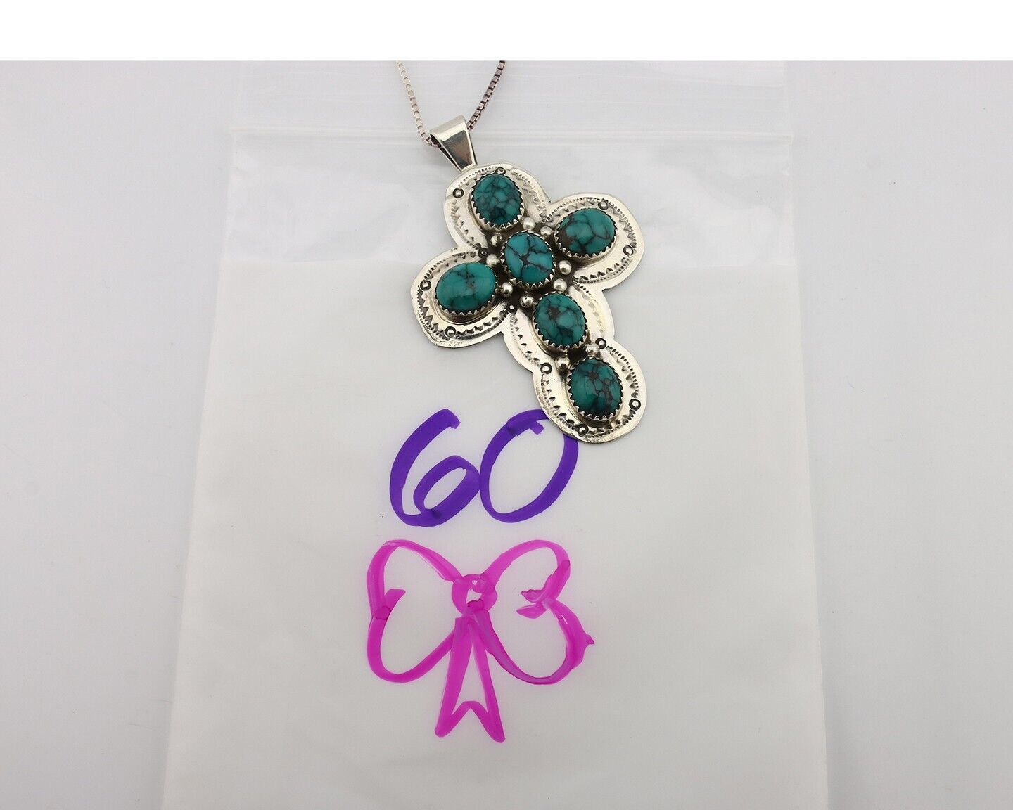 Navajo Cross Pendant 925 Silver Spiderweb Turquoise Native American Artist C80s