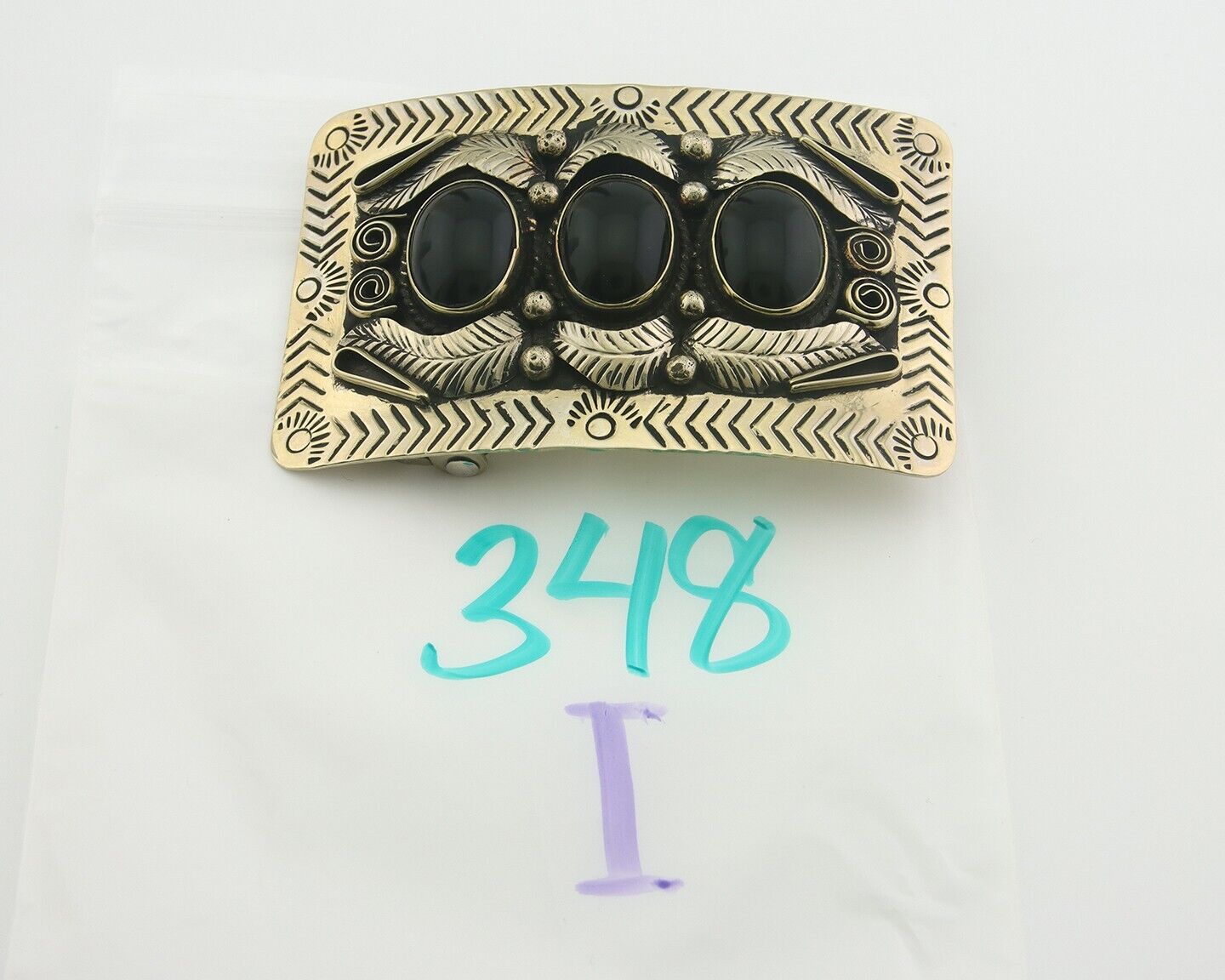 Navajo Concho Belt Buckle .999 Nickel Onyx Native American Artist 2x3 in C.80's