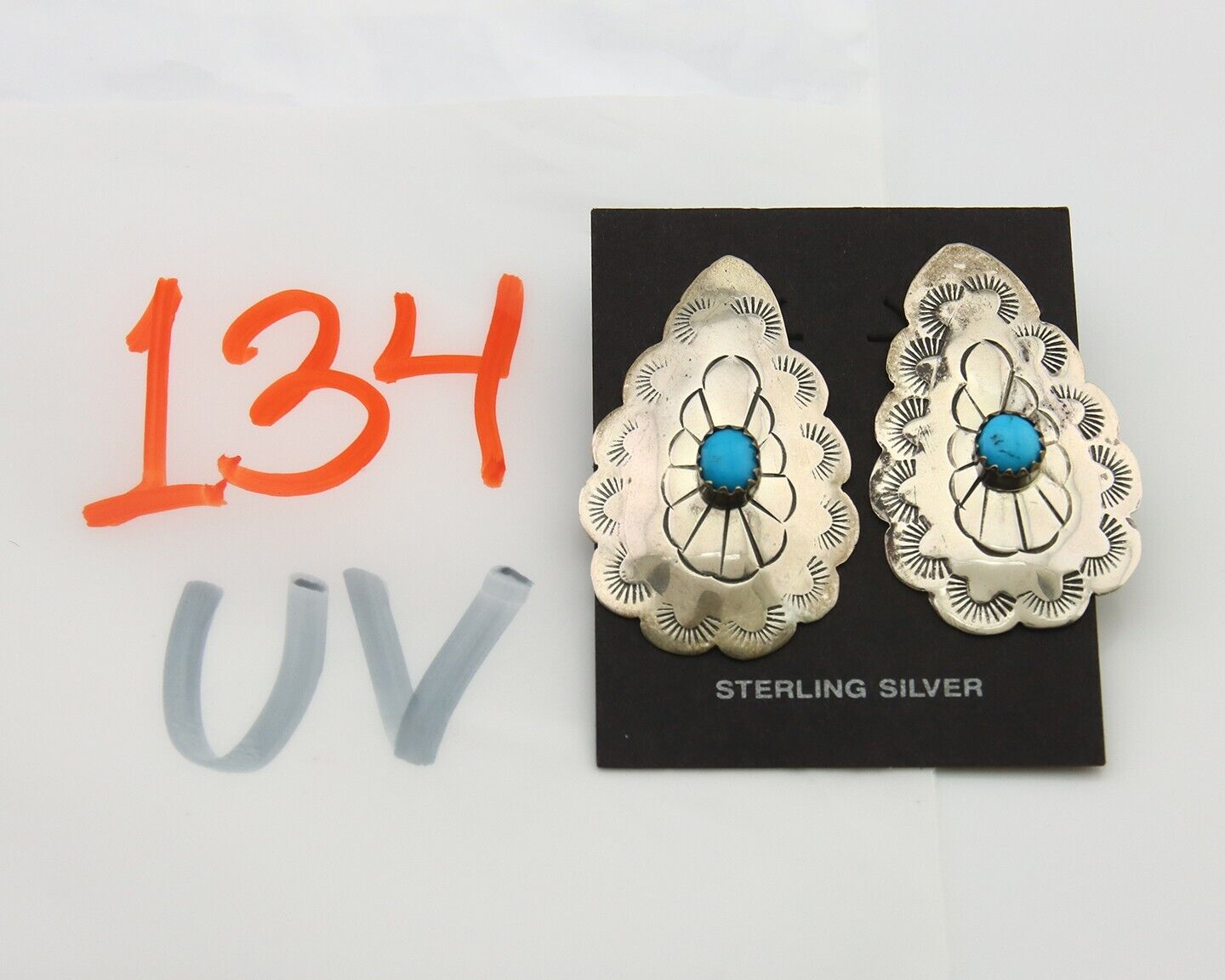 Navajo Earrings 925 Silver Concho Hand Stamped Turquoise Native Artist C.80's