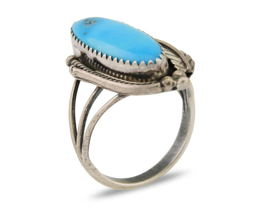 Navajo Ring 925 Silver Natural Slab Turquoise Artist Signed Circle JW C.80's