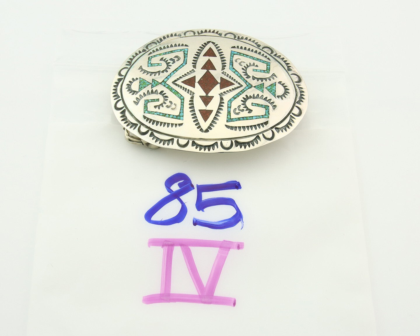 Vintage Navajo Belt Buckle 925 Silver Inlaid Gemstone Signed Stanley Bain C.80's