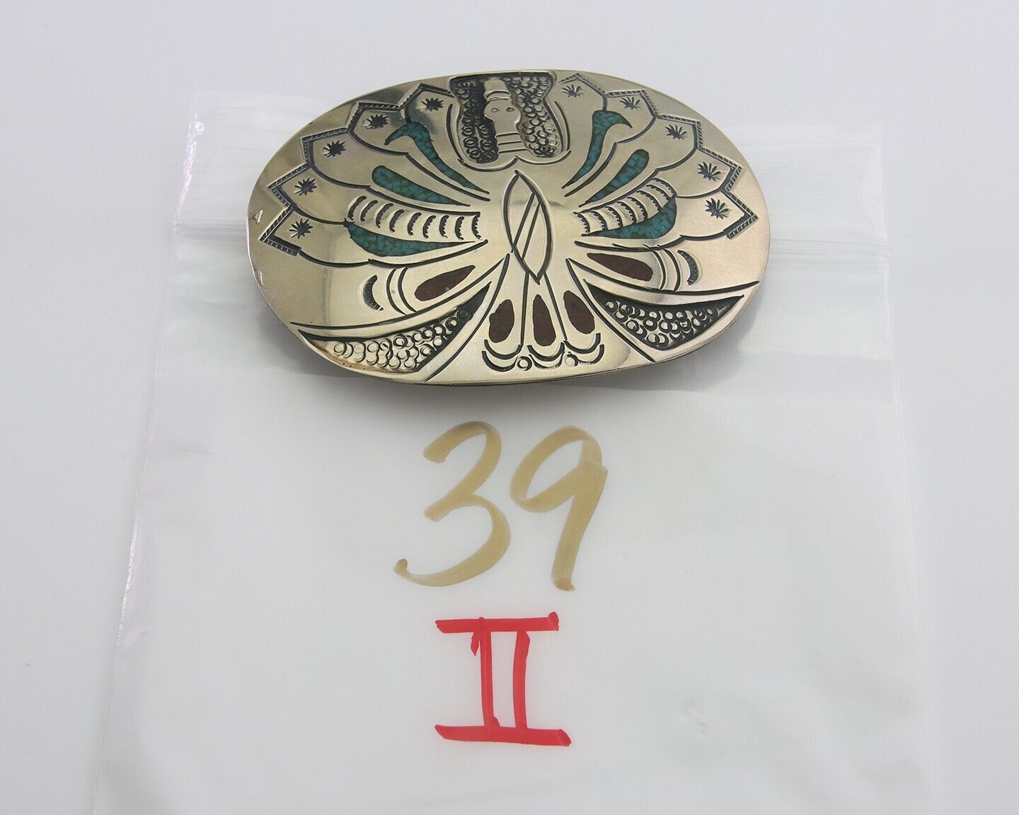 Navajo Belt Buckle .999 Nickel Buffalo Gemstone Signed Chee Keams C.80s