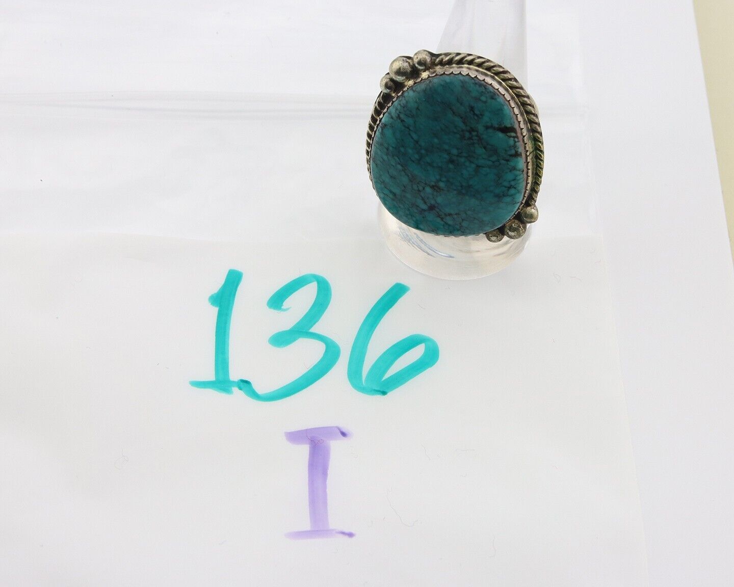 Navajo Ring 925 Sterling Spiderweb Blue Turquoise Native Artist C.80's Size 8.25