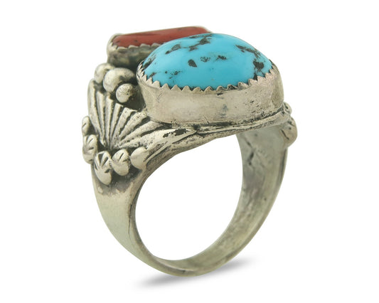 Men Vintage Navajo Ring 925 Sterling Turquoise & Coral Native Artist Size 9.0