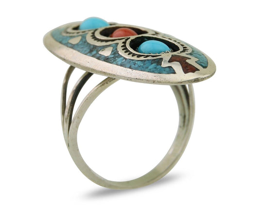 Navajo Handmade Ring 925 Silver Coral & Turquoise Signed Circle JW C.80's