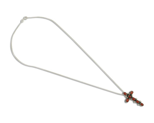 Navajo Cross Necklace 925 Silver Mediterranean Coral Native American Artist C80s