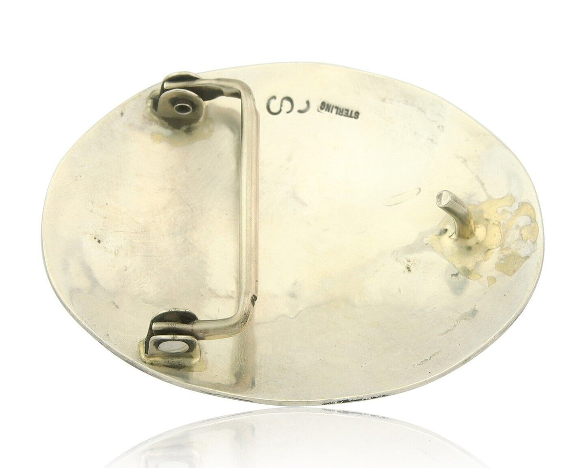 Vintage Navajo Belt Buckle 925 Silver Handmade Inlaid Gemstone Stanely Bain