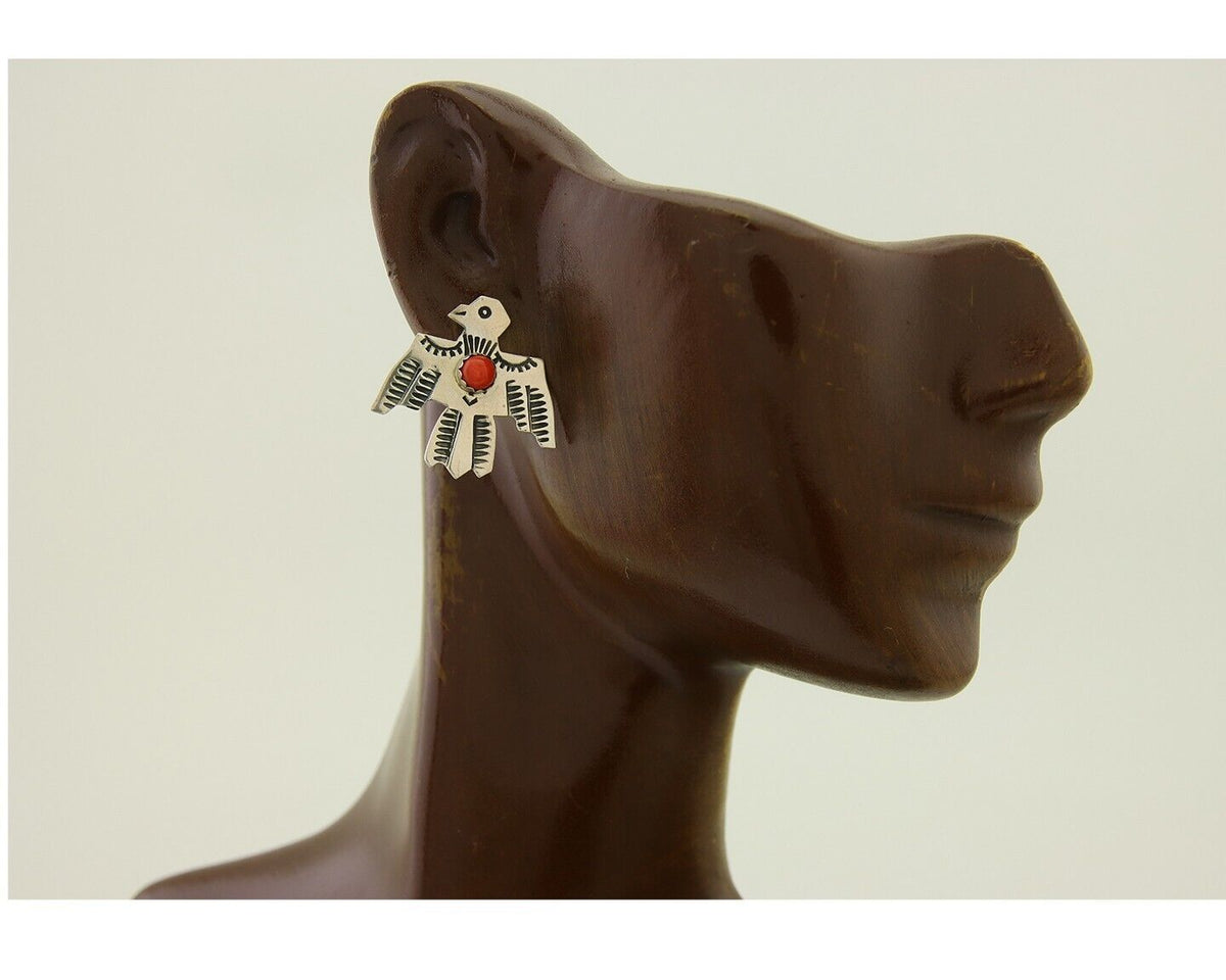 Navajo Thunderbird Earrings 925 Silver Natural Red Coral Native Artist C.80's