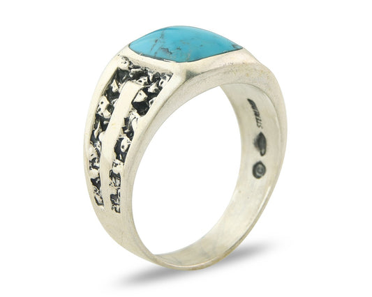 Men Vintage Nugget Ring 925 Sterling Turquoise Artist Signed SC Size 11.25