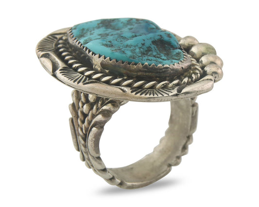 Vintage Navajo Ring 925 Sterling Authentic Turquoise Signed Snail Size 11.75