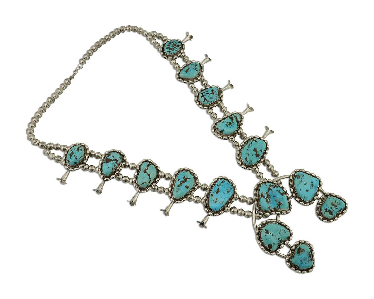 HUGE Navajo Squash Necklace 925 Silver Bisbee Turquoise Signed BY-OG C.80's