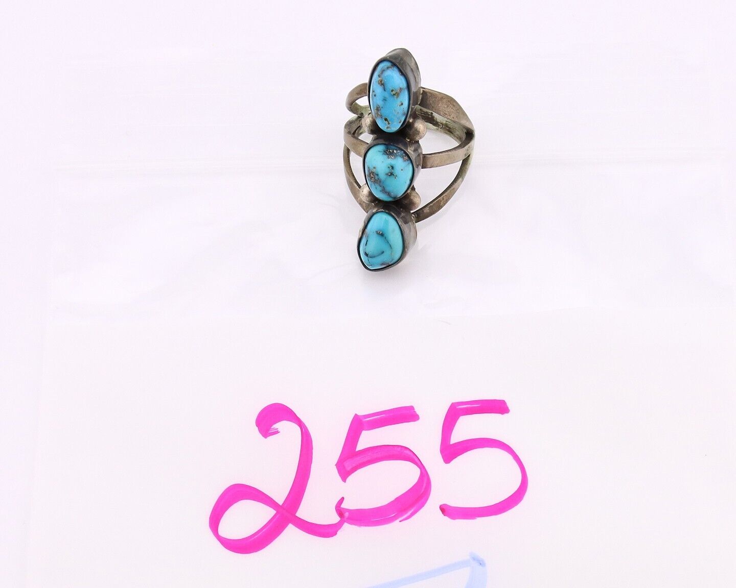 Navajo 3 Stone Ring 925 Silver Morenci Turquoise Native American Artist C.80's