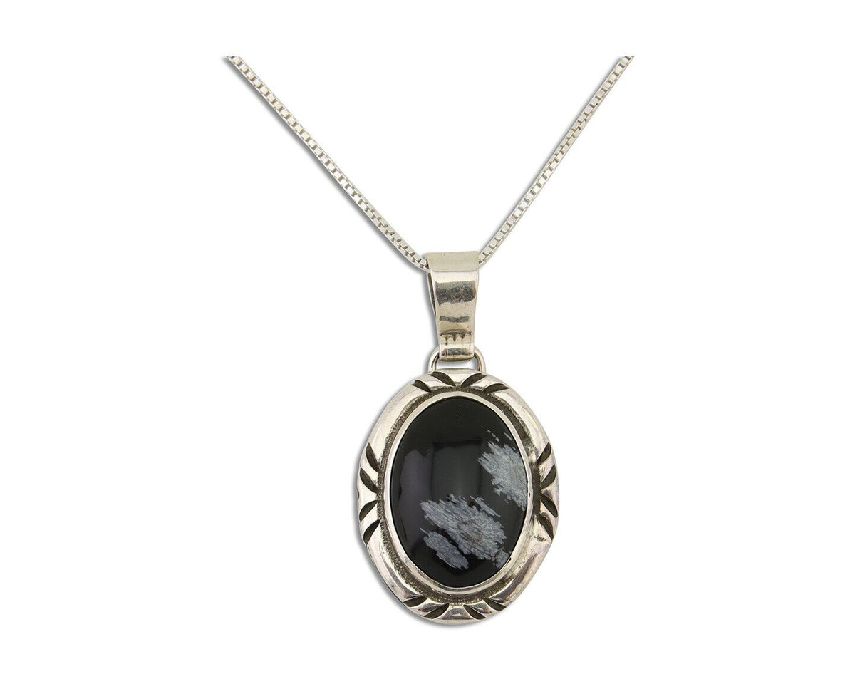 Navajo Necklace 925 Silver Onyx Natural Snowflake Agate Signed Native American