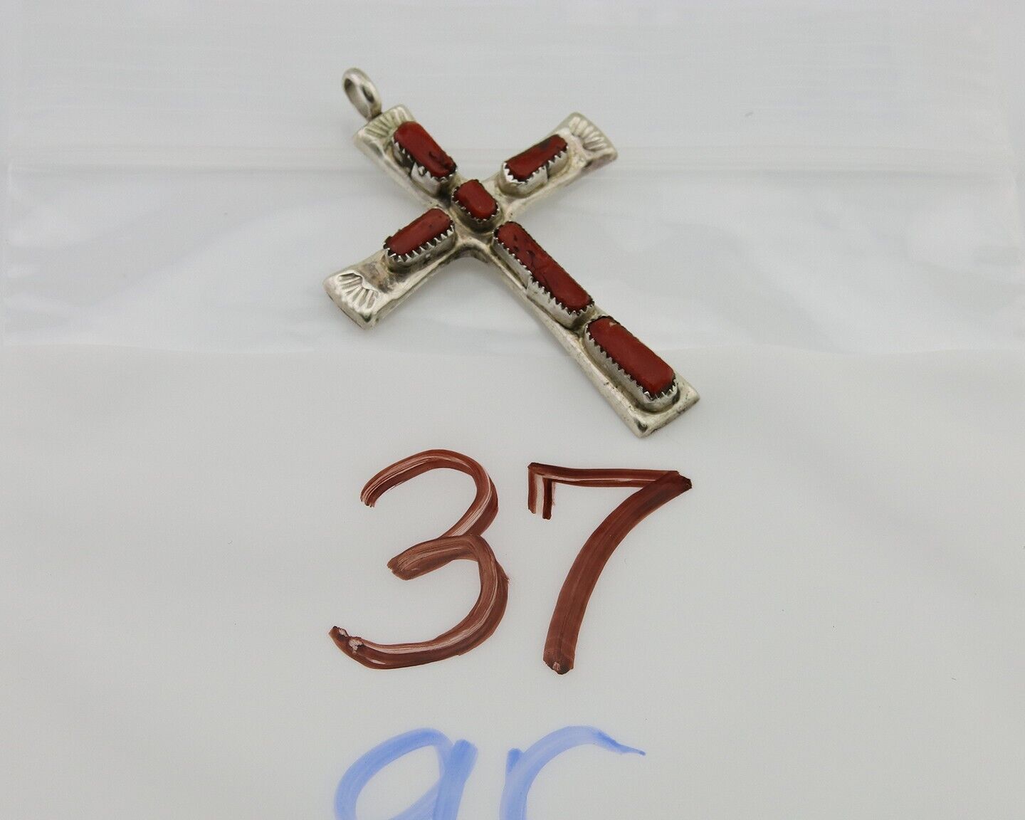 Zuni Cross Pendant 925 Silver Mediterranean Coral Signed J Iule C.80s