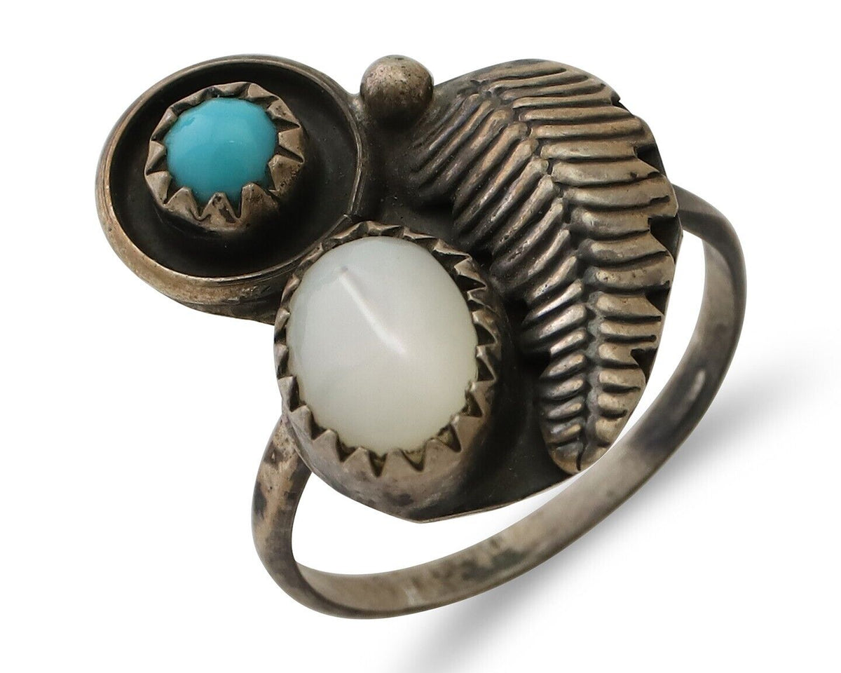 Vintage Handmade Navajo Ring Turquoise & MOP 925 Silver Size 5.75 C.80's