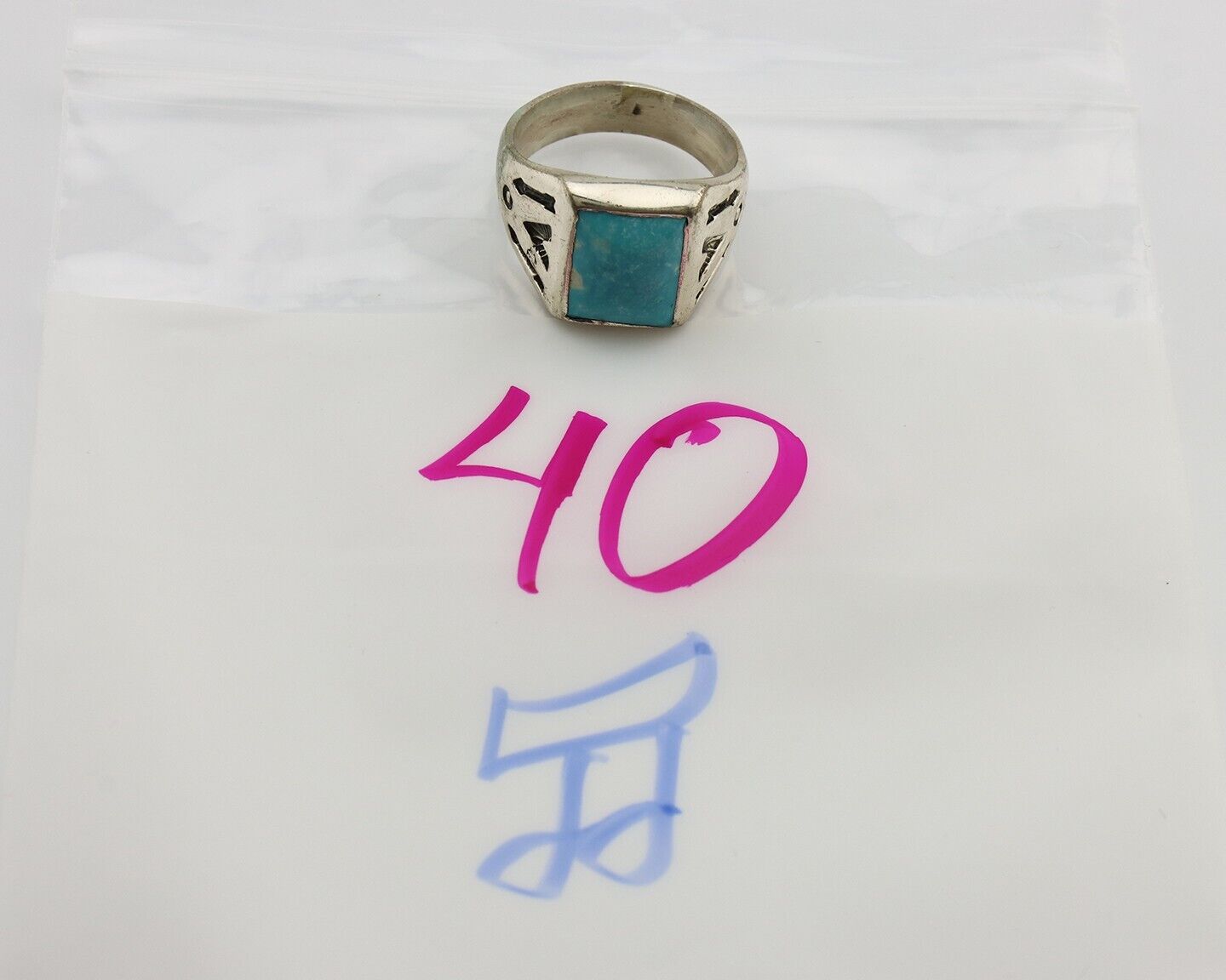 Navajo Ring 925 Silver Kingman Turquoise Signed Sun Bell Silver Company C.80's