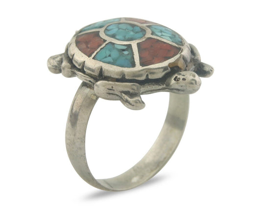 Navajo Ring 925 Silver Inlaid Turtle Turquoise & Coral C.80's Size 8.25