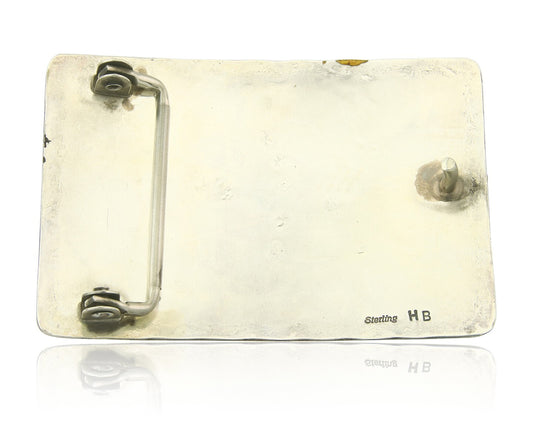 Vintage Navajo Belt Buckle 925 Silver Handmade Inlaid Gemstone Signed HB