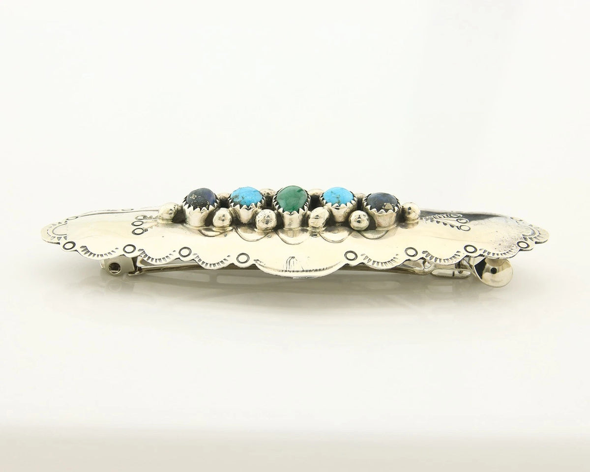 Navajo Barrette Sterling Silver Gemstones Hand Stamped Vintage Native Artist
