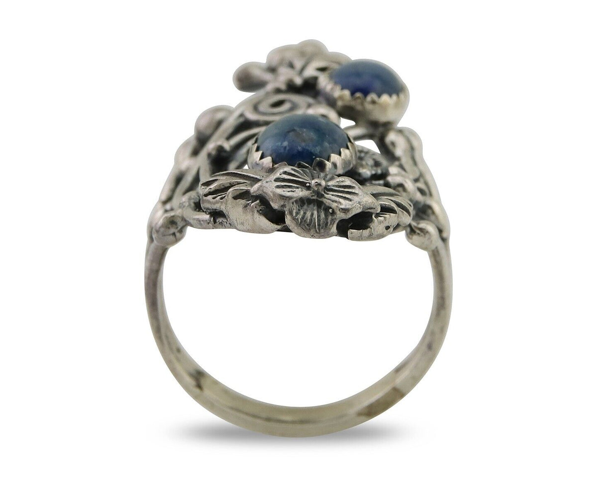 Navajo Ring 925 Silver Natural Denim Lapis Artist Signed Prairie Fire C.80's