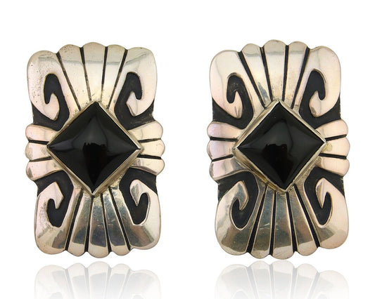 Navajo Handmade Earrings 925 Silver Onyx Artist Signed Thomas Singer C.70's
