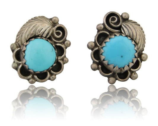 Navajo Handmade Earrings 925 Silver Natural Turquoise Native American Artist 80s