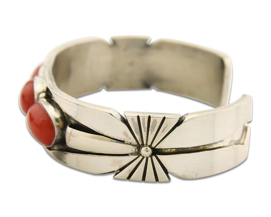 Navajo Bracelet .925 Silver Red Coral Cuff Signed Charles Johnson C.80's