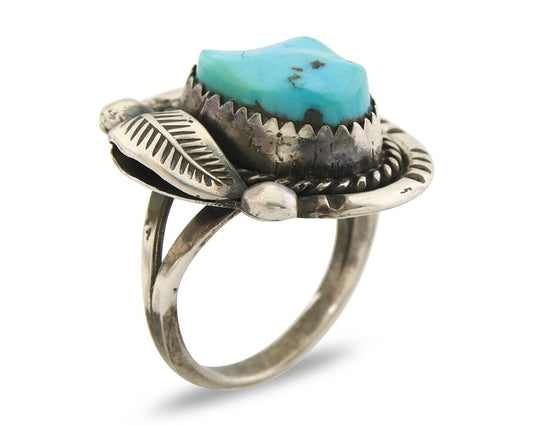 Navajo Ring 925 Sterling Natural Blue Turquoise Native Artist C.80's Size 5.0