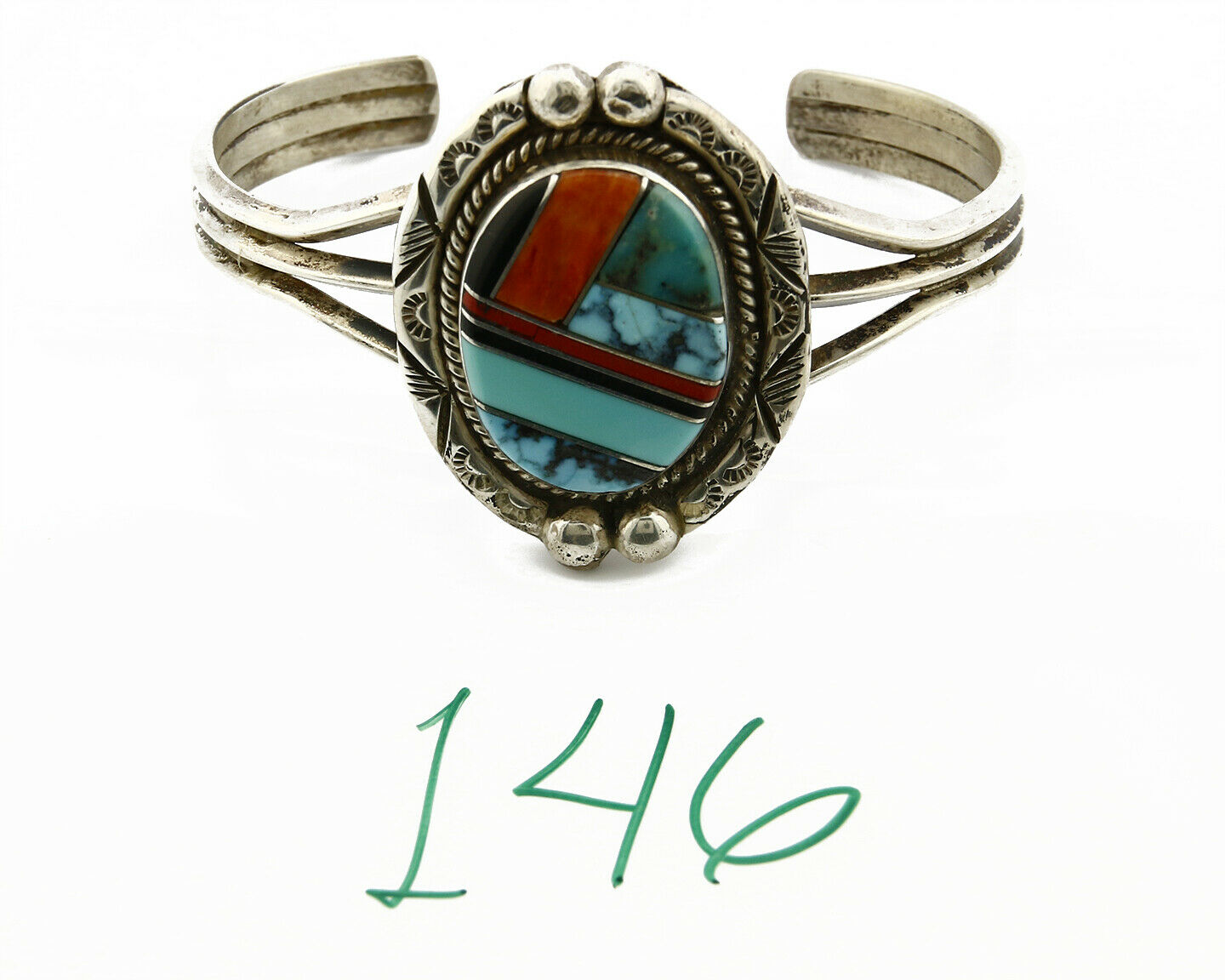 Navajo Gemstone Inlay Handmade .925 Silver Stamped Cuff